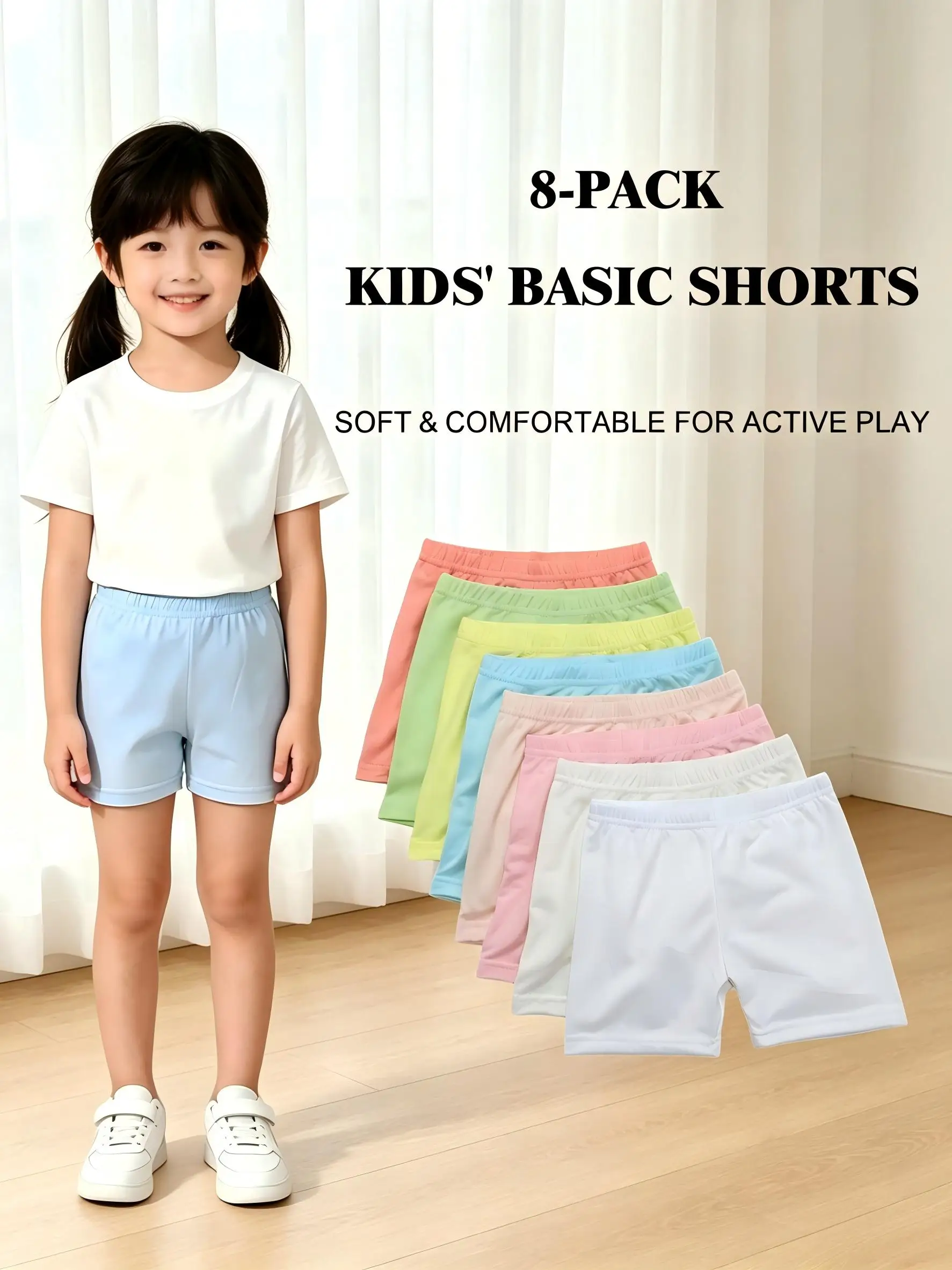 8-Pack Girls Anti-Exposure Biker Shorts 4-11Y Elastic Waist Under Dress Stretchy Solid Kids Casual Play Shorts