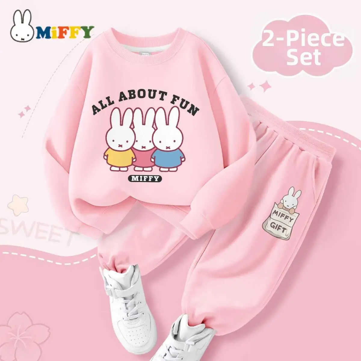 Miffy Kawai Set Pantaloni con cappuccio per bambini Cartoon Simpatico set in due pezzi Primavera e autunno Comodo abito caldo alla moda