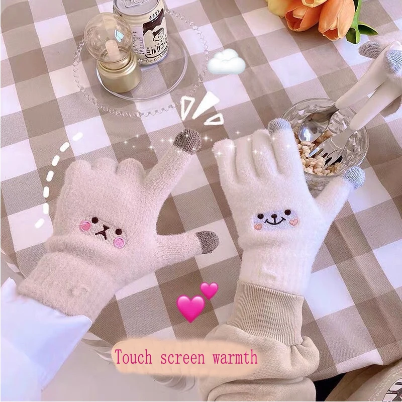 2022 Winter New Smiley Face Touch Screen Gloves Nylon Mink Knitted Women's Embroidery Cute Split Finger Warm and Cold proof1pair