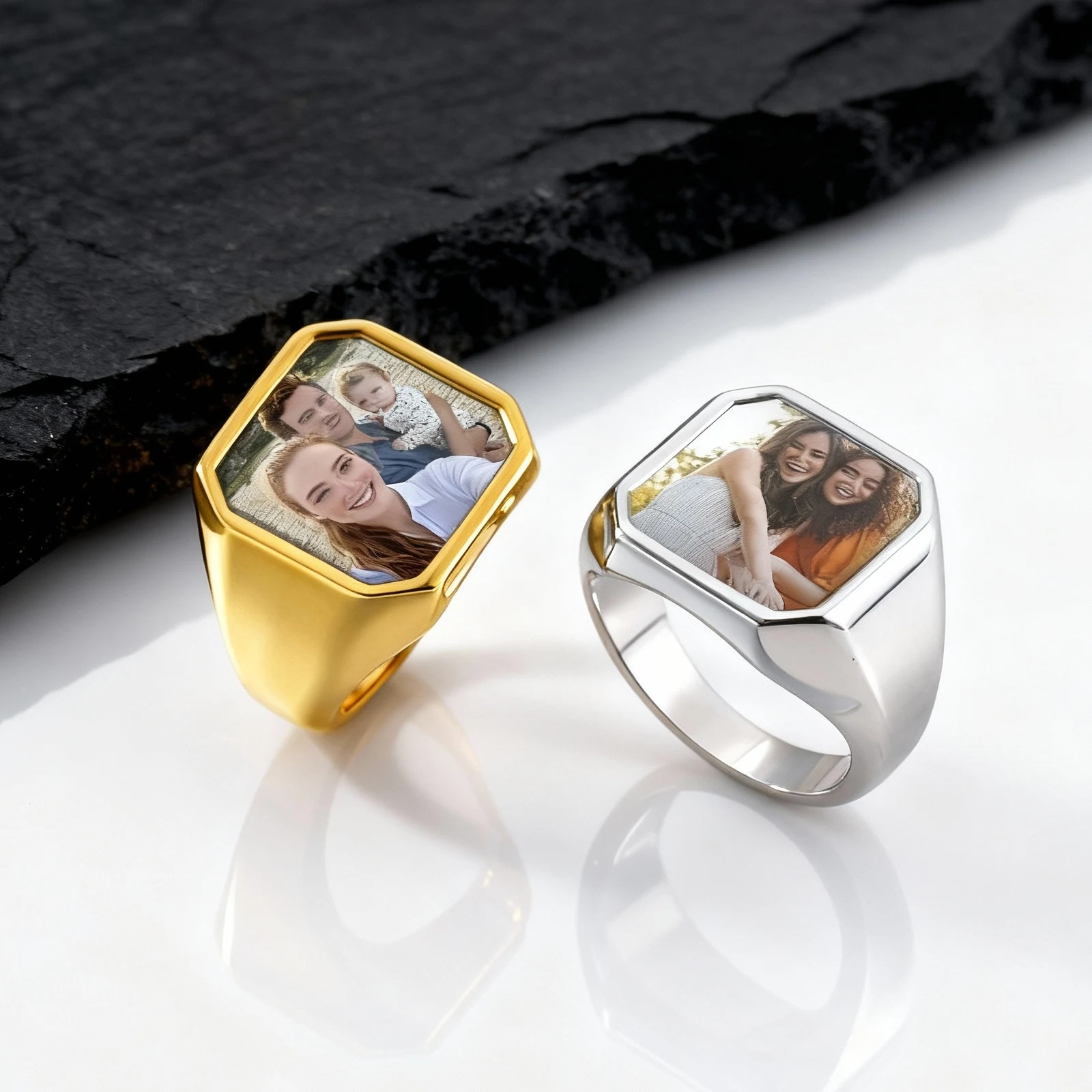 

Custom Photo Ring for Men,Waterproof Stainless Steel Square Round Stamp Ring,Personalized Statement Ring Gift