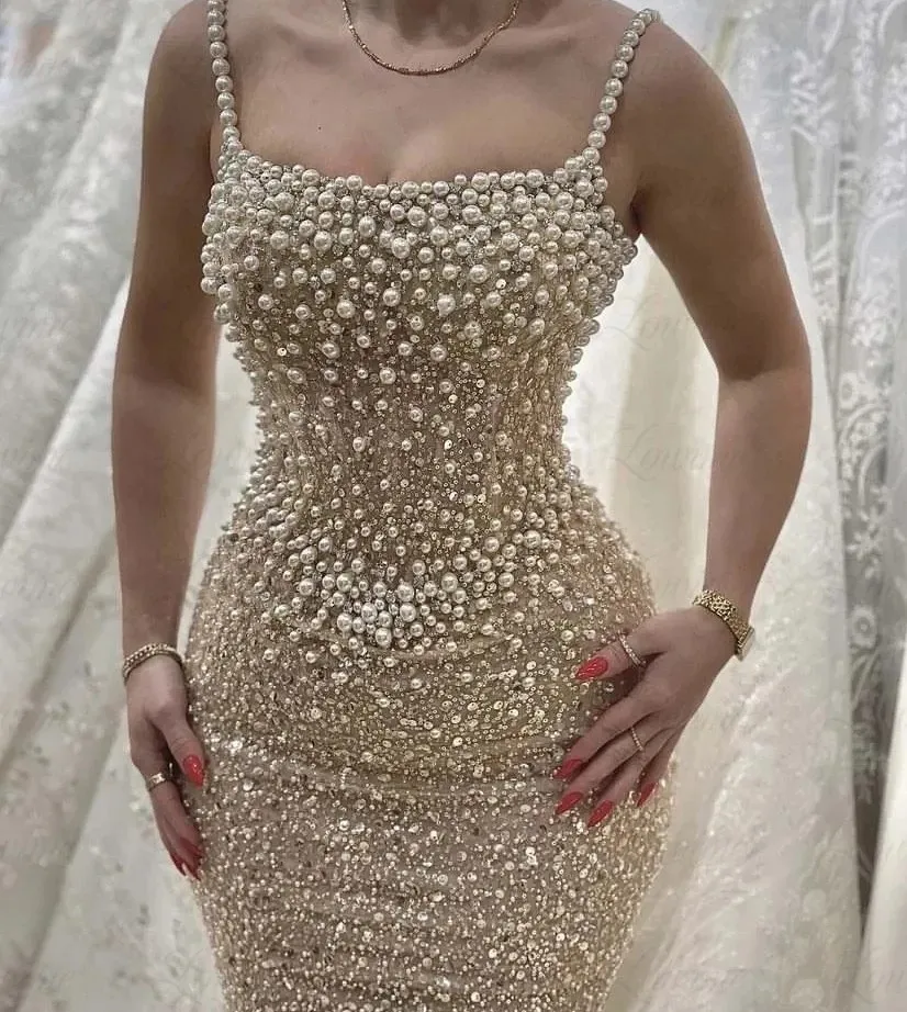 Luxury Sequined Sheath Prom Dresses Beaded Pearls Champagne Spaghetti Straps Evening Formal Gowns Arabic Robe De Soiree 2024