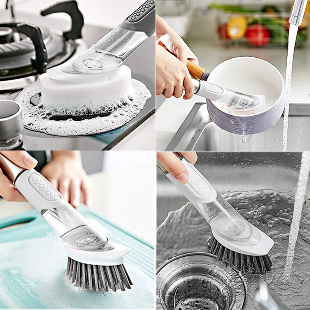 Aparatos de cocina dispensador automático de líquidos 3 en 1, cepillo de limpieza de cocina, cepillo para lavar platos con mango largo, cepillo de esponja extraíble