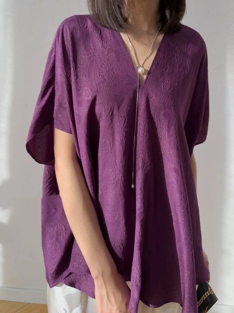 Birdtree, 20MM 100% Silk Jacquard Tshirt, Batwing Sleeve V-neck Top, Women's Guanle Crepe Loose Shirt, 2026 Autumn New T68403JF