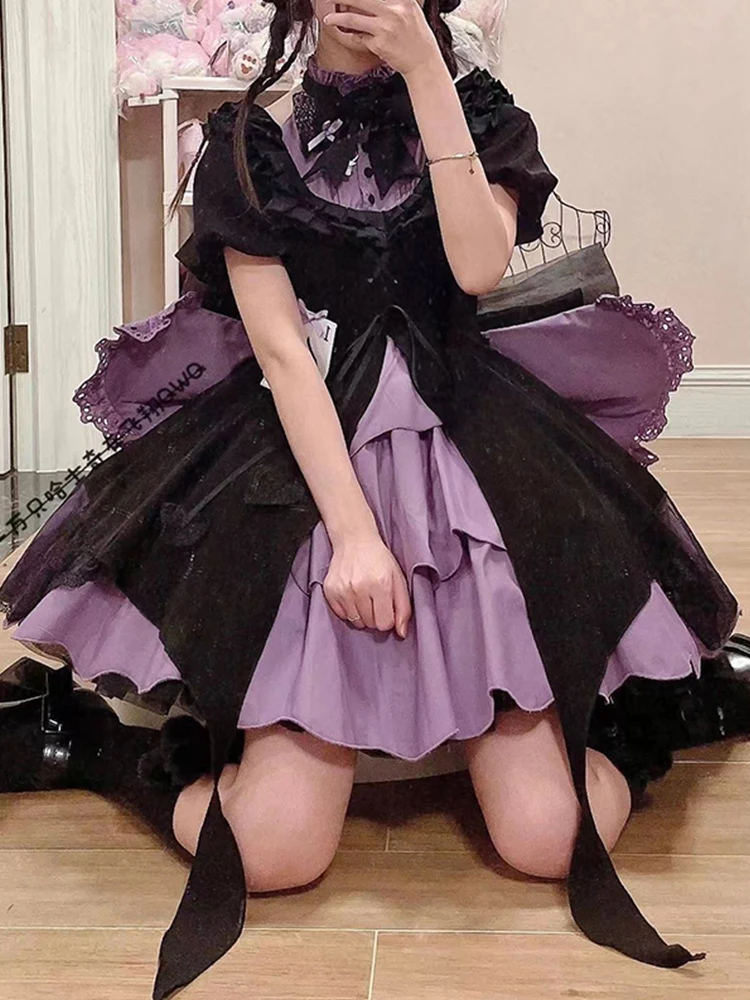 Black Purple Lolita Dress Women\'s Sweet Cute Girls Cosplay Dress Lady High Waist Slim Bow Short Dress Vestidos Mujer Summer
