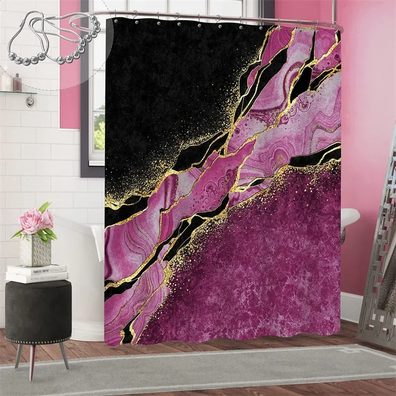 Marble Gold Shower Curtain with Hooks, 3D Print, Waterproof, Abstract, Geometric, Bathroom Decor, Bath