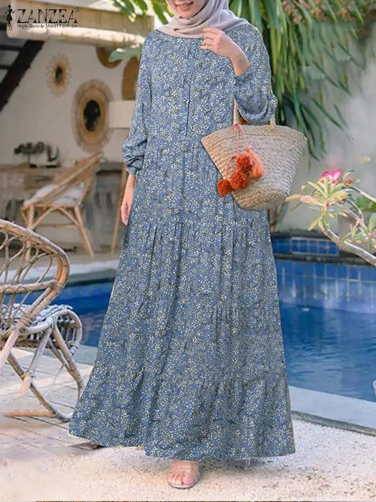 

2023 ZANZEA Fashion Floral Print Muslim Dress Women Vintage Maxi Vestidos Casual Loose Ruffle Abaya Sundress Kaftan Robe Femme