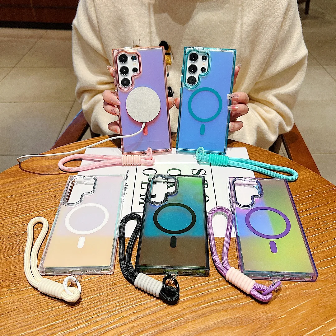 

Высококачественный антижелтый чехол Magsafe со шнурком для Samsung Galaxy S24 Plus S23FE S25 Ultra A56 A17, магнитный чехол для беспроводной зарядки