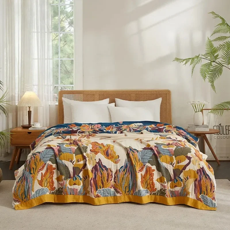 Pure Cotton Yarn Quilt Air Conditioning Sofa Throw Blanket Warm Cozy Bed Toweling Coverlet Machine Washable Floral Nap Blanket