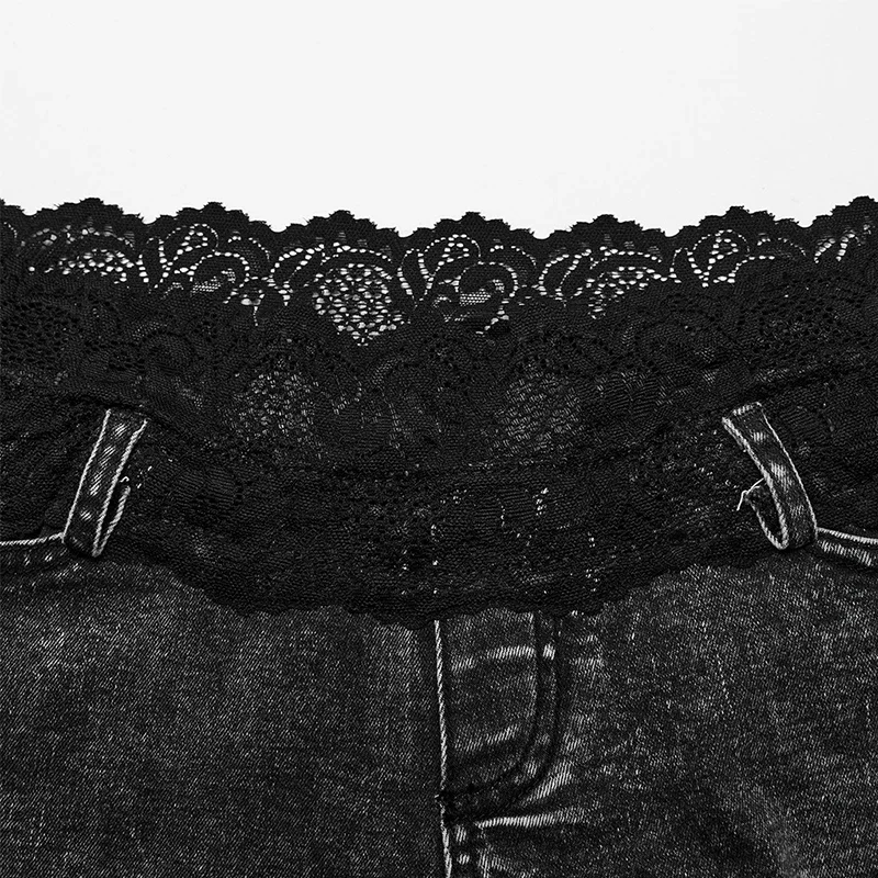 PUNK RAVE Women\'s Punk Lace Waistband Patchwork Denim Shorts Daily High Waisted Wildness Summer Casual Hotshorts