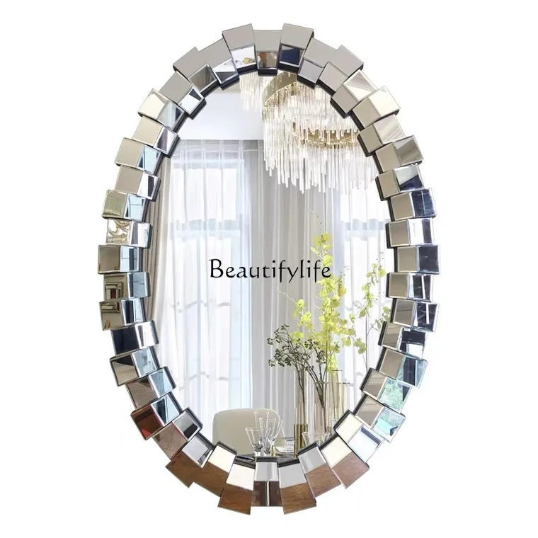 

French Style Bathroom Mirror Light Luxury Concave-Convex Three-Dimensional Wall Hanging Hallway Decorative Mirror Oval