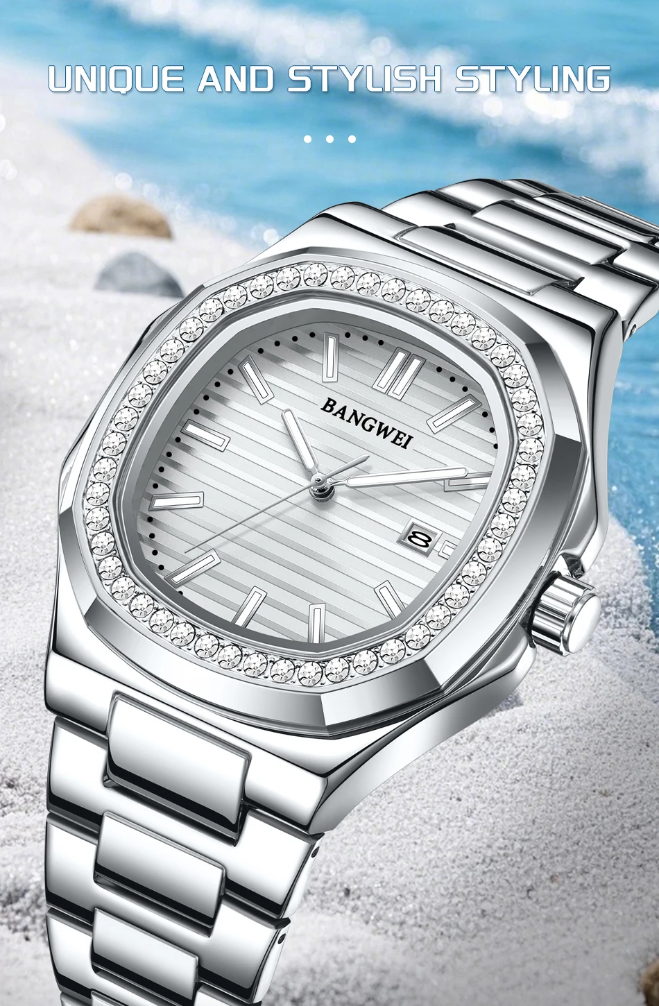 

BANGWEI Кварцевые часы для пар 30 м Водонепроницаемые модные бриллианты подарок на день Святого Валентина Часы из нержавеющей стали Мужские и женские часы + коробка