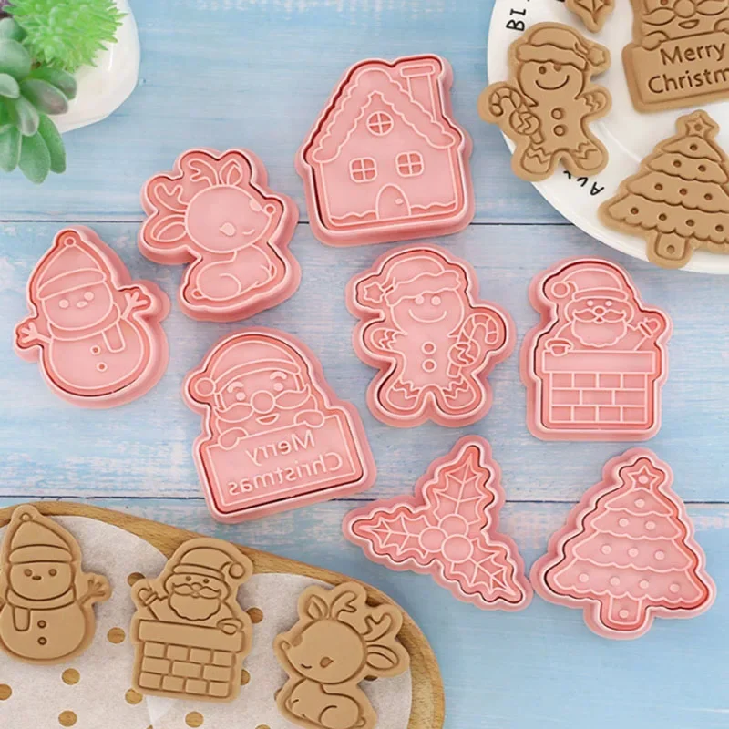 8Pcs Christmas Cookie Cutters Santa Claus Snowflake Cookie Molds Biscuits Embosser Stamp Christmas Baking Accessories Decoration