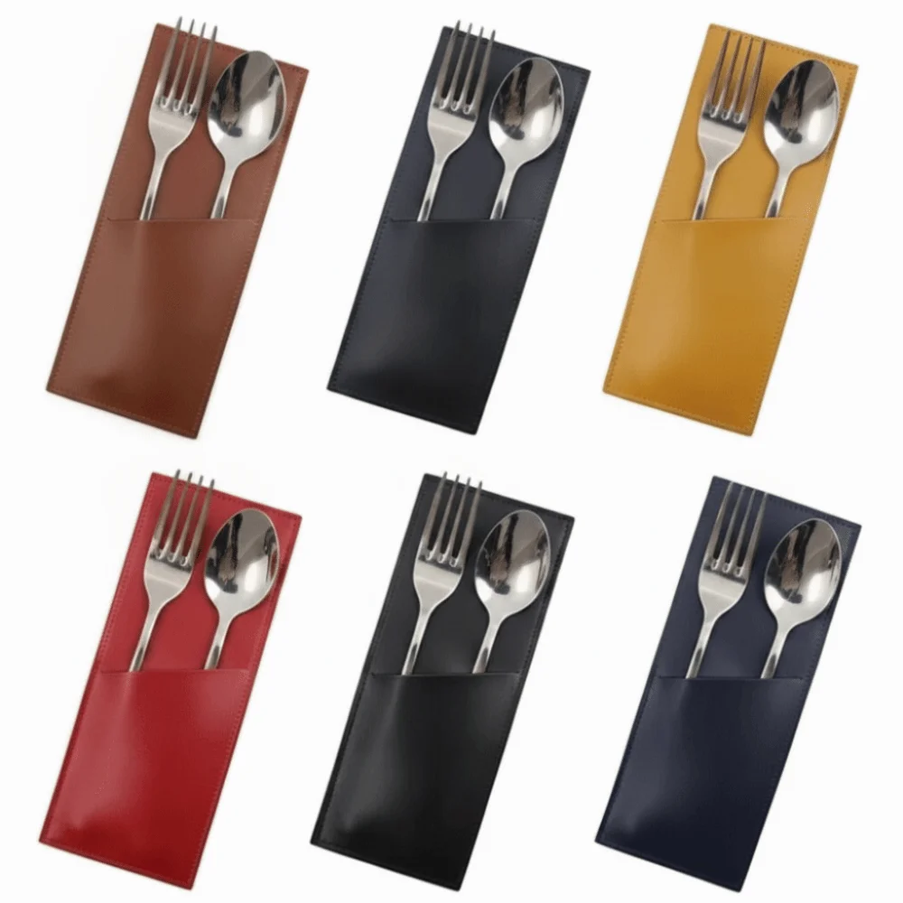 Durable PU Leather Cutlery Pouch Open Pocket Stitched Edges Flatware Sleeve Reusable Utensil Holder Restaurant Table Setting