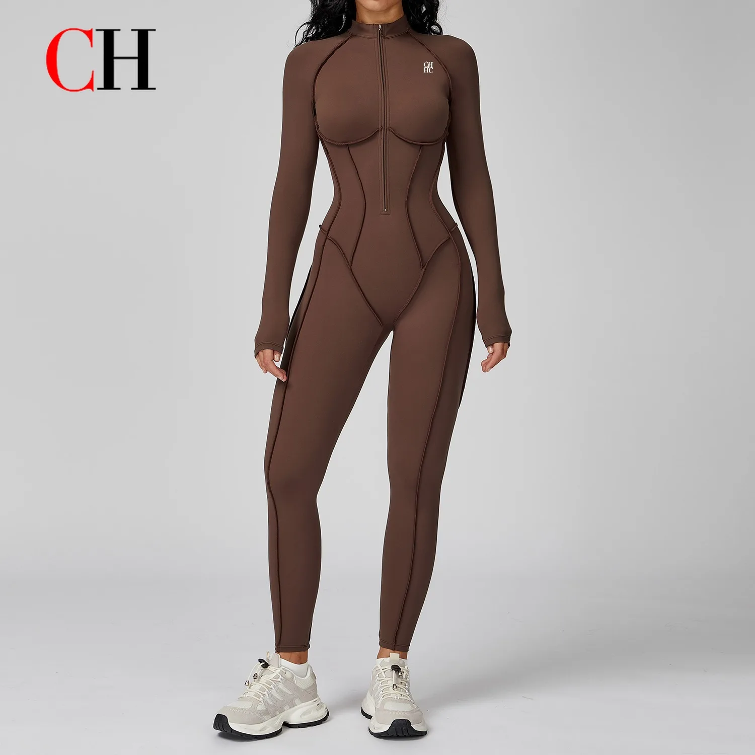 CH Western-style Color-block Stand Collar Jumpsuit Half-zip One-piece Fitness Wear Women's High-intensity Sports Yoga