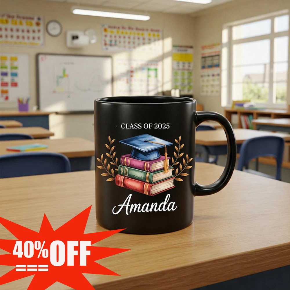 

Personalized Graduation Cup Grad Cap Book Motif Custom Name Drinkware College Back School Gift Coffee Mug Grad Students Present