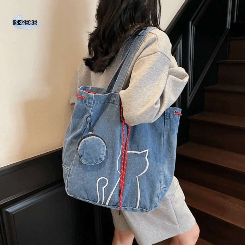

Casual Vintage Women Tote Bags Y2k Harajuku Kitty Shoulder Bags Large-capacity Denim Drawstring Bag Commuting