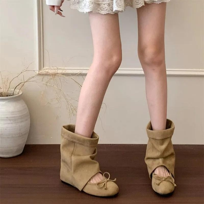 Vintage Suede Hollow Sandals Boots Women's Butterfly-knot Internal Elevation Shoes 2026 Concise Summer Slip on Mid Calf Booties