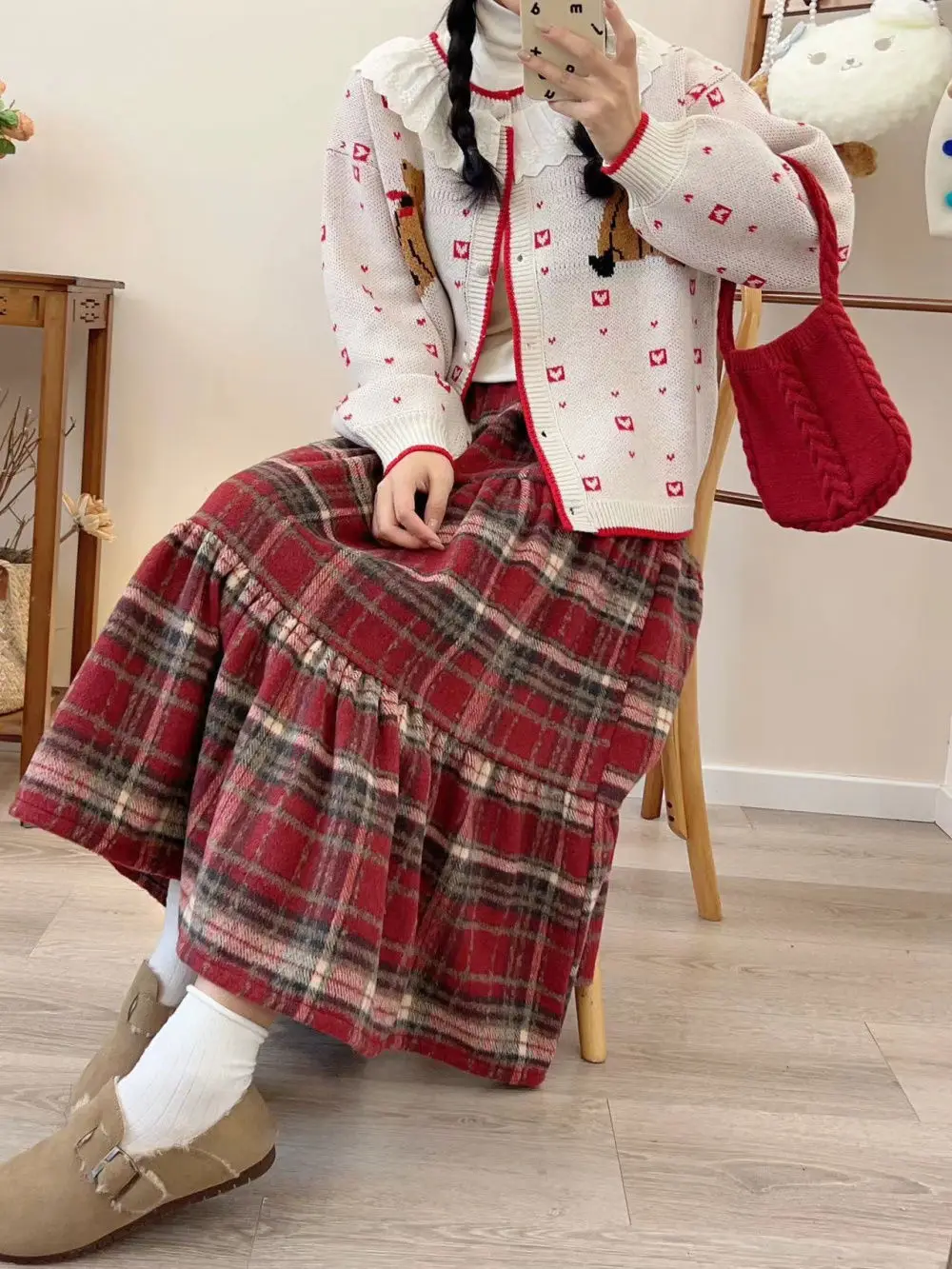 Japanese Style Vintage Plaid Long Skirt for Women 2023 New Cotton Linen A Line High Waist Tiered Mid Skirt Female Girls