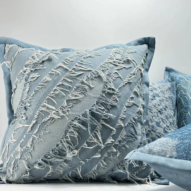 Blue Jean Pillows Tassel Check Cushion Case Classical Retro Industry Square Decorative Pillow Cover For Sofa Chair Home Decor