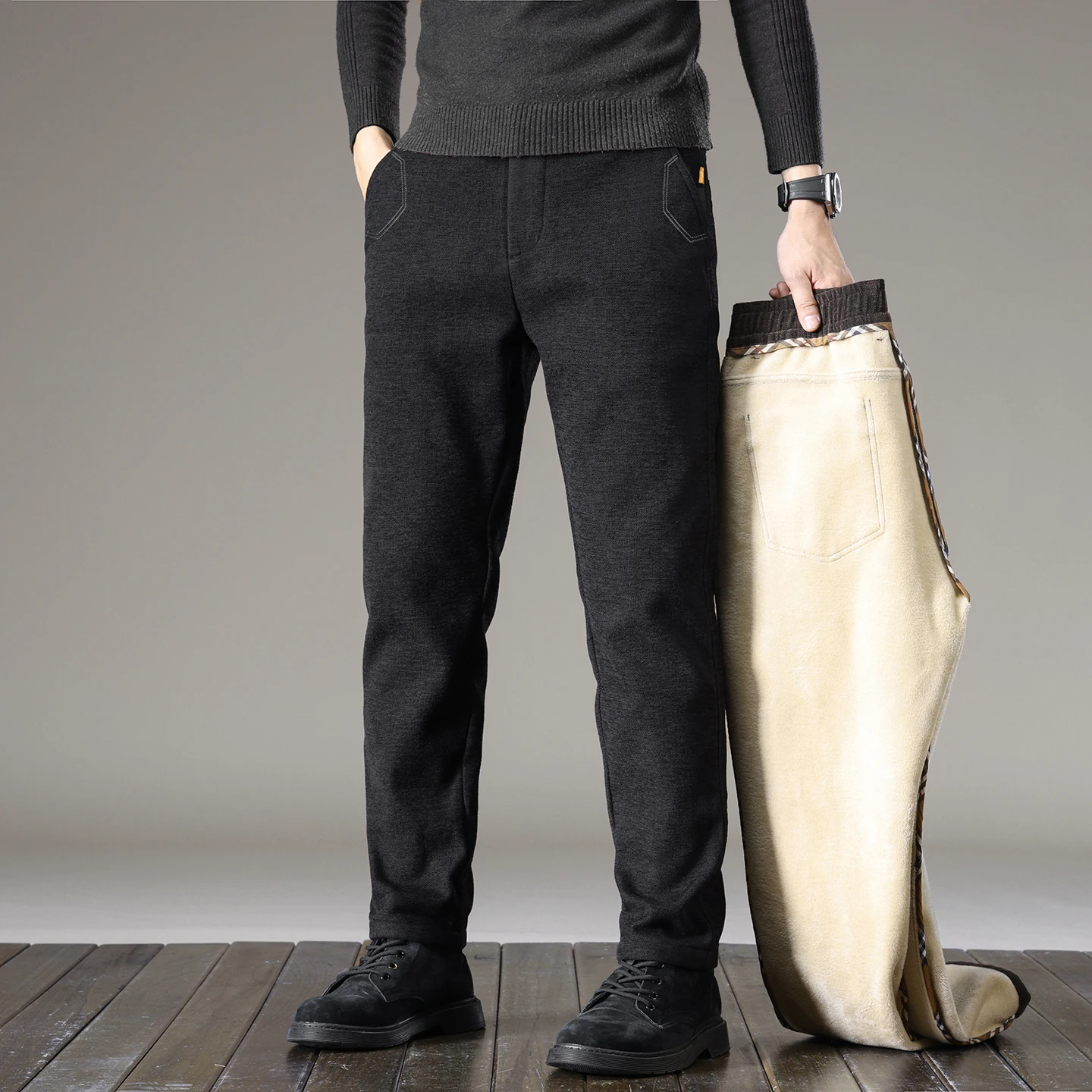 Men's Business Casual Sherpa Fleece Lined Pants Winter Outdoor Sport Thick Warm Work Pants Man Loose Straight Legging Trousers