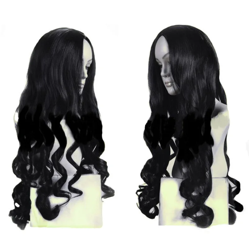 المرأة منتصف جزء ارتفاع درجة الحرارة الحرير موجة كبيرة أسود طويل مجعد الشعر المدرفلة باليد النمط الطبيعي ارتفاع درجة الحرارة شعر مستعار الحرير