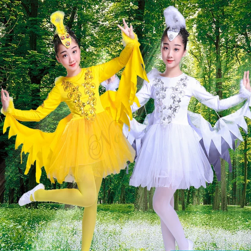 Bambini White Swan Ballet Dance Costumes Modern Dance Animal Costumes Fantasia Halloween Birds abbigliamento con ali d'angelo