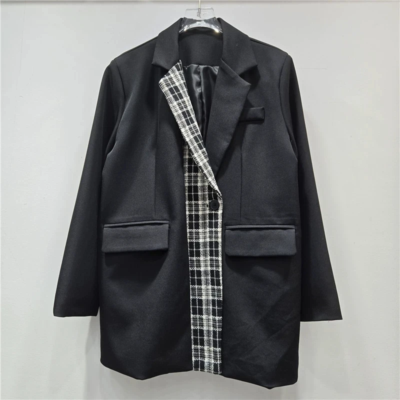 Korean Contrast Color Plaid Black Suit Jacket Spring Autumn Casual Notched Collar Single Button Long Sleeve Female Blazers Coat
