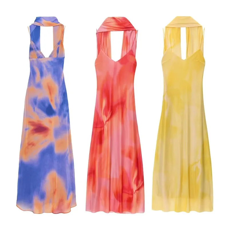 Abito lungo stampato alla moda Decorazione sciarpa Midi senza maniche per donna Abiti eleganti con cinturino Abiti da festa senza schienale per nuova signora