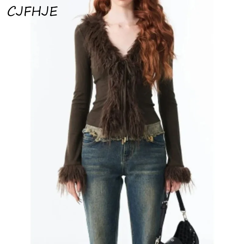 CJFHJE Y2k Aesthetic V-neck Jacket Women Korean Sexy Fashion Cardigan  Harajuku Vintage Bandage Fur Patchwork Coat Spring Chic