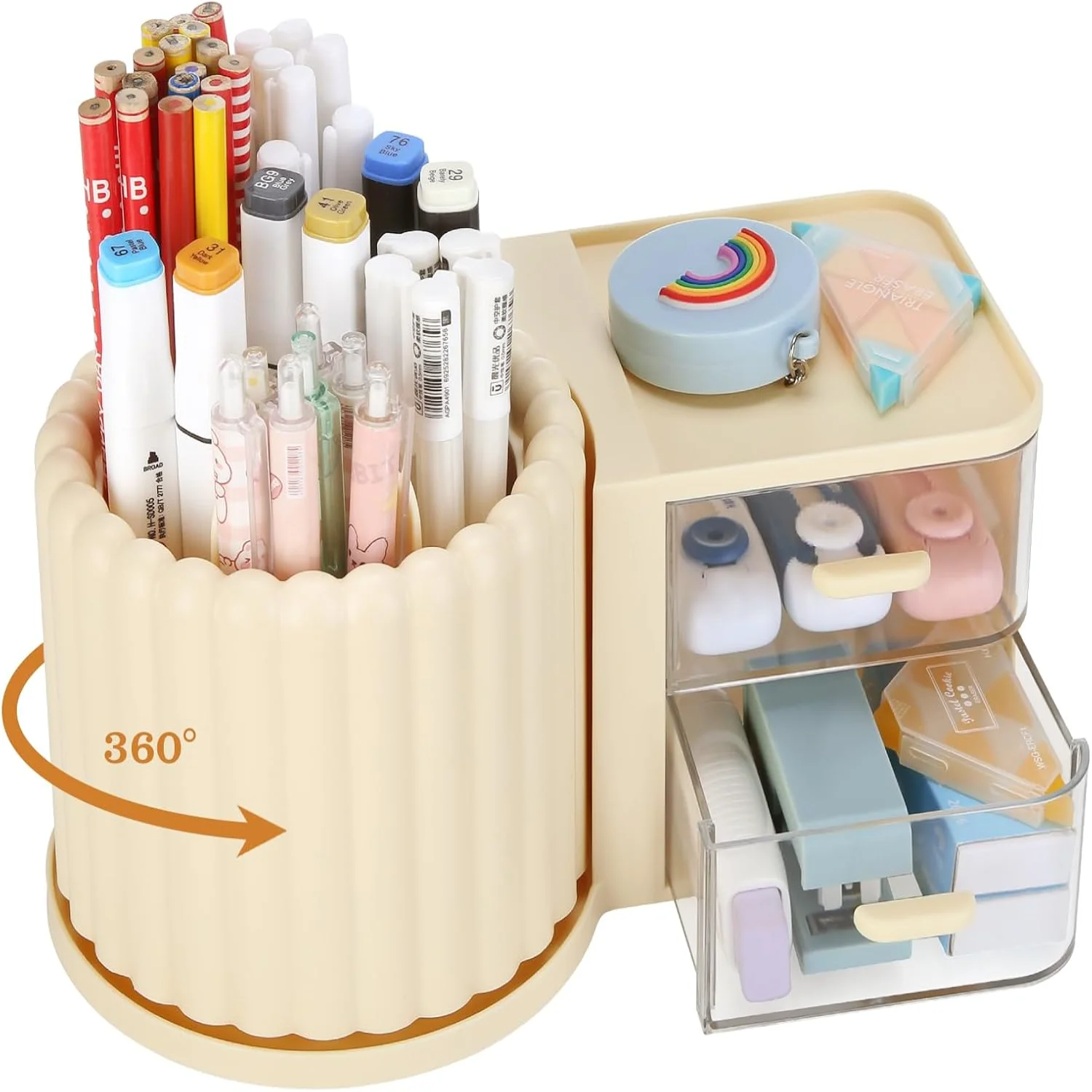 

Rotating Office Desk Organizers and Accessories with 2 Drawer, Pencil Pen Marker Holder for Desk, Desktop Organizers and Access