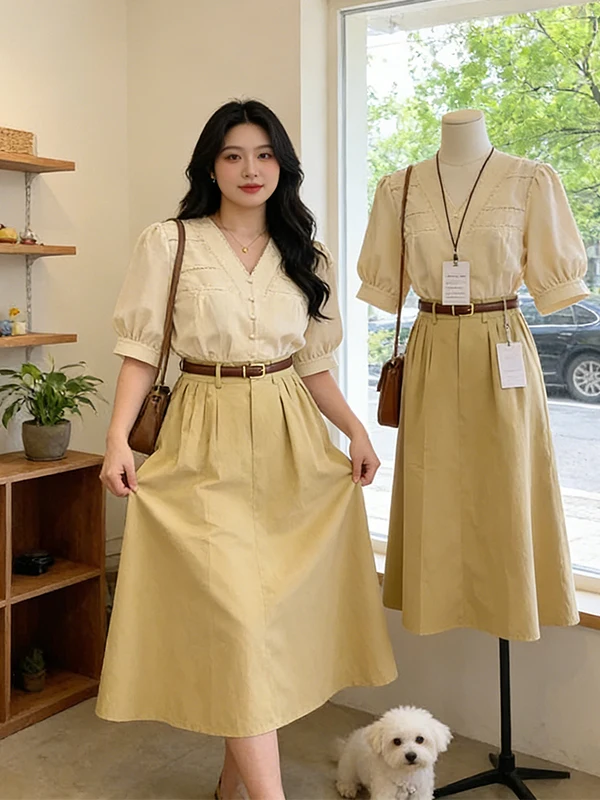 

Summer 2026 New Korean Style Women's High Waist Vest Top And Half Skirt Two-Piece Set in Apricot Color V-Neck Loose Fit Commu...