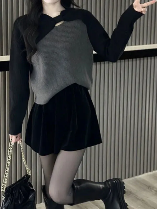 

Korean Faion Long Sve Knitted Sweater Women's Hollow out Color Blo Sweet Top Autumn New Sle Commute Wind Loose Fit