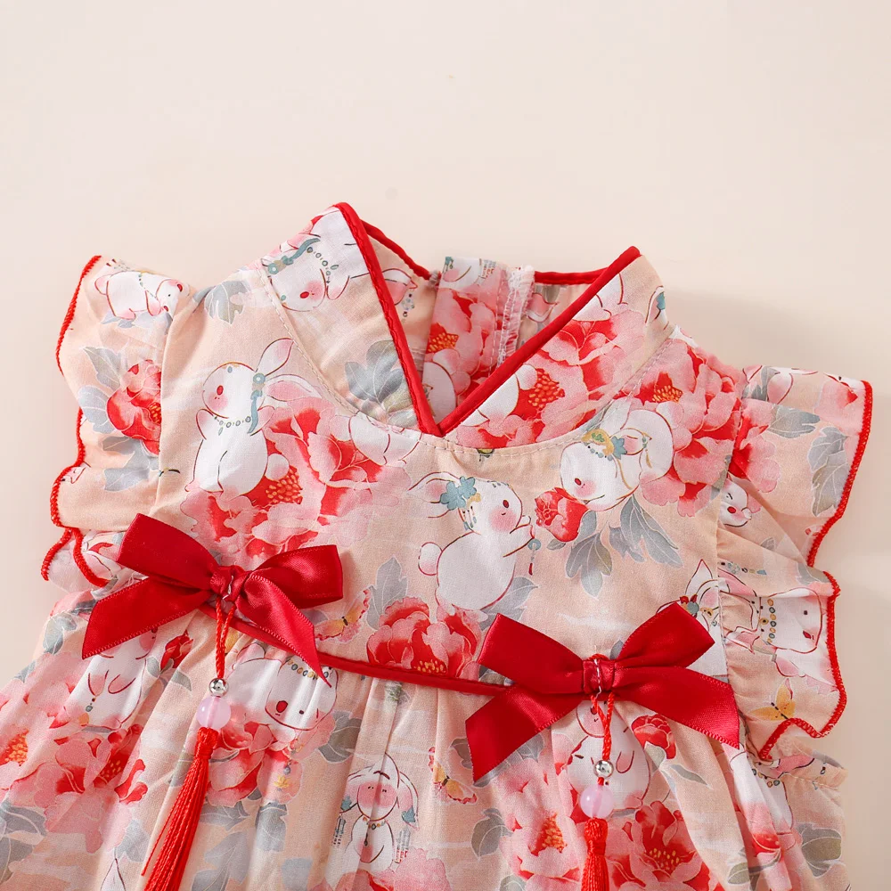 Chinese Style Girl Dress Summer Baby Girl Double Bow Small Rabbit Print Small Fly Sleeves A-Line Cheongsam Dress