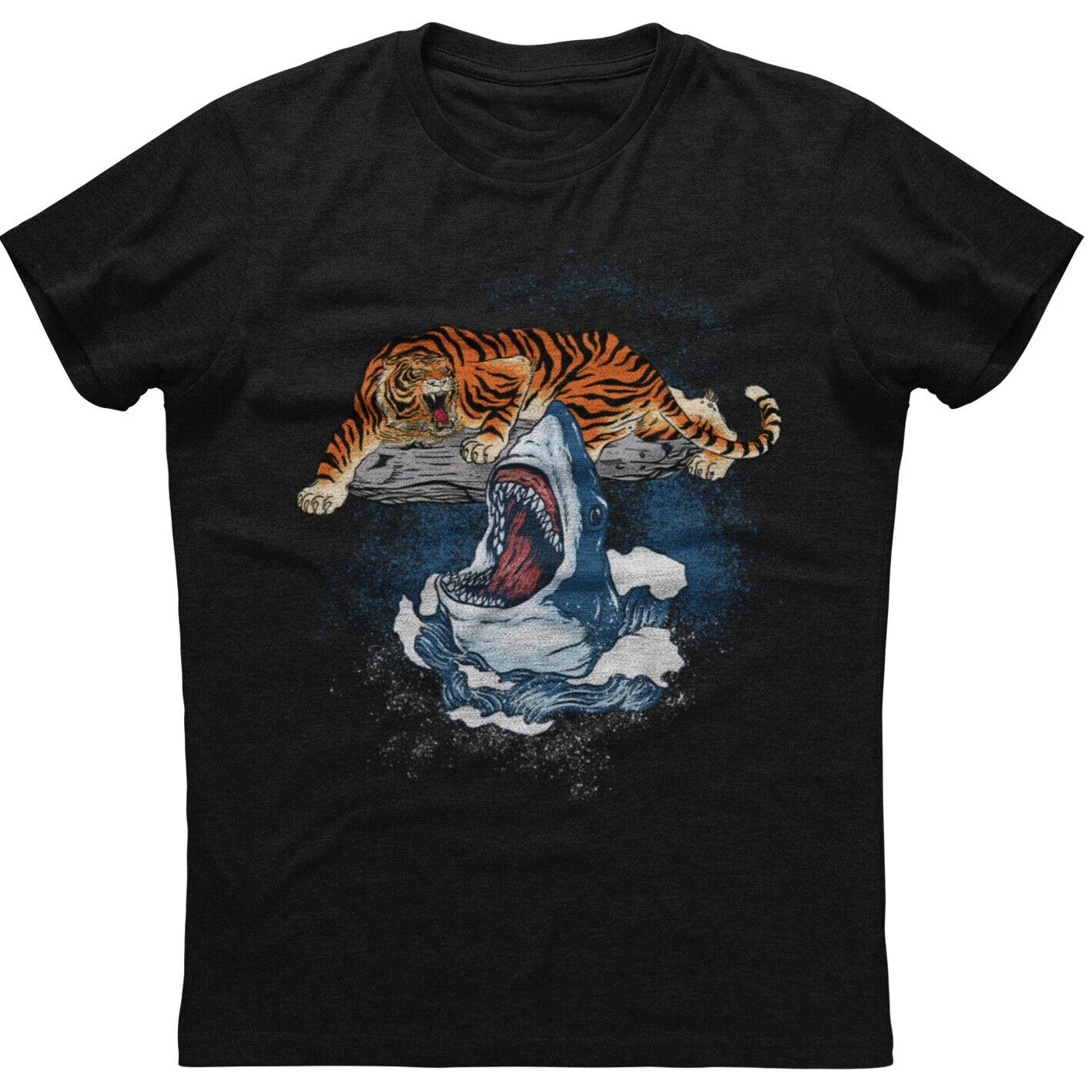 

Tiger And Shark Roar Mens Short Sleeve New Cotton Black T-shirt Men's 100% Cotton Casual T-shirts Loose Top Size S-3XL