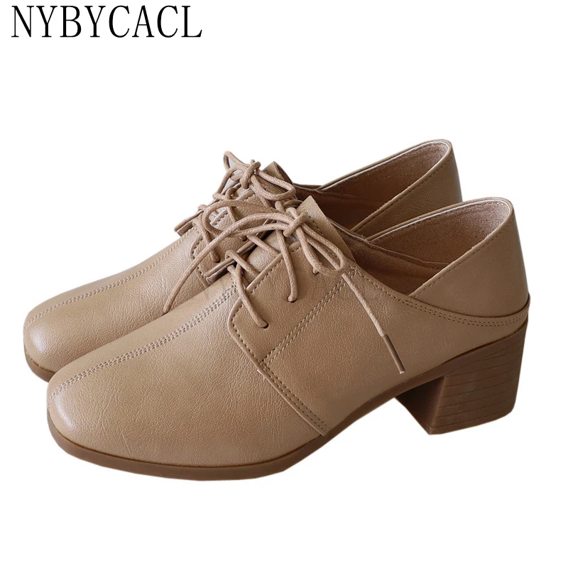 Women 2022 New Casual British Style Single Shoes Female Mid Thick Heel Lace Up Solid Small Shoes College Style Retro Work Shoes