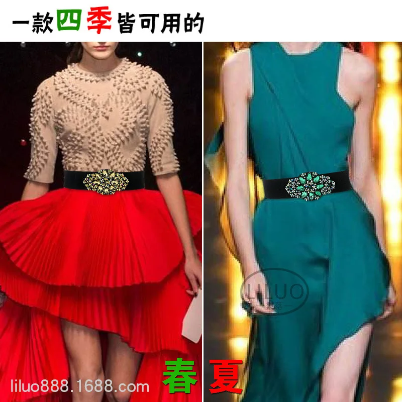 2023 Women Luxury Fashion Crystal Stone Belt Waist New Set Dress Accessories Elastic Decoration Green Bright Suitable 65-92cm