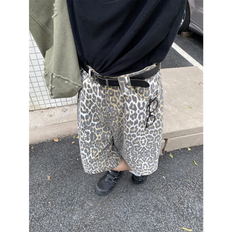 Women's Shorts Jeans Leopard High Waist Straight Pants Streetwear Harajuku Y2K Vintage Female Wide Leg Denim Five Points Trouser