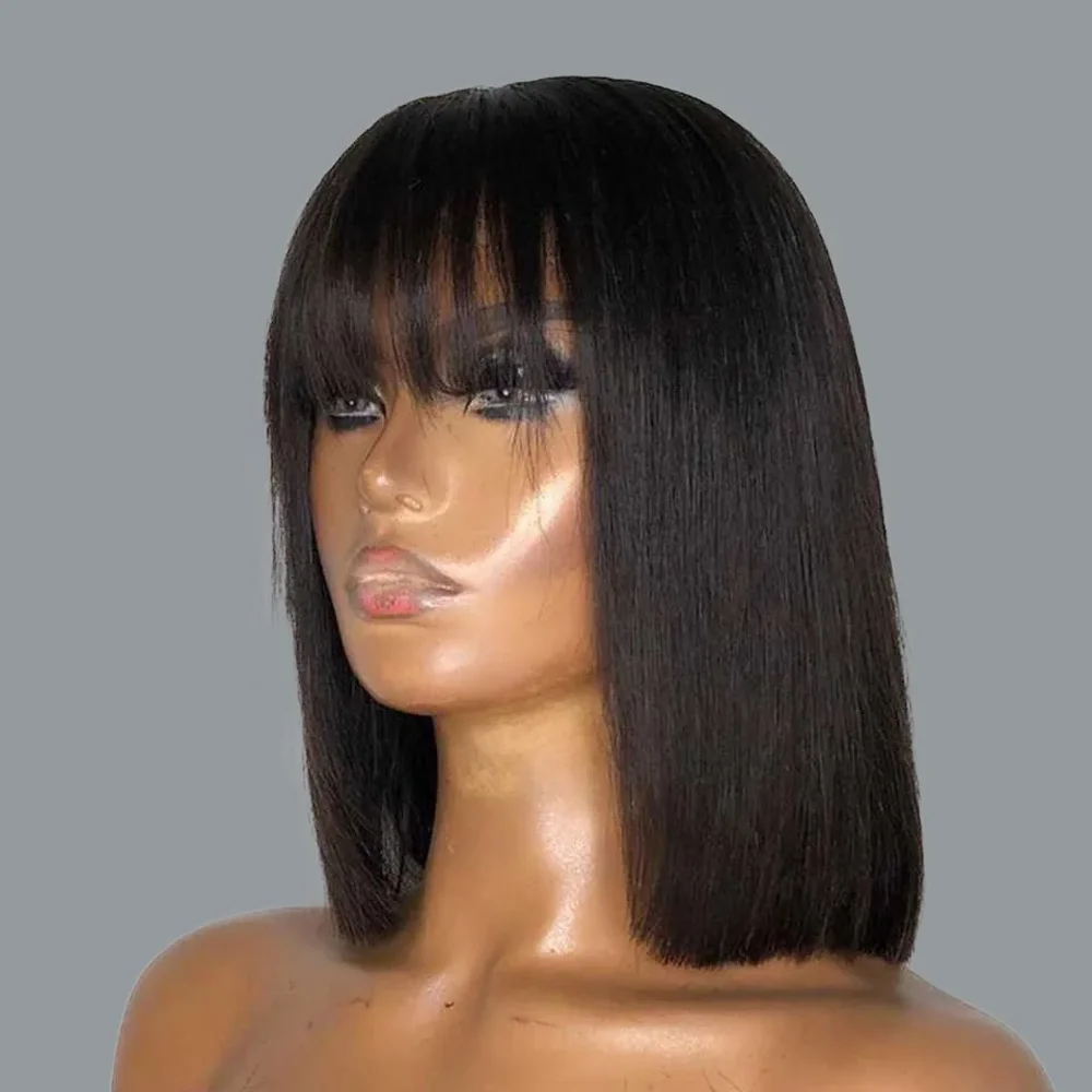 Straight Human Hair Wigs For Women Human Hair Glueless Wig Human Hair Bob Hair Wig With Bangs No Lace Fringe Wig