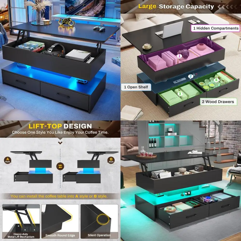 

Storage Coffee Table with Lift Top, LED Light, 2 Drawers for Living Room, Small Space Solution