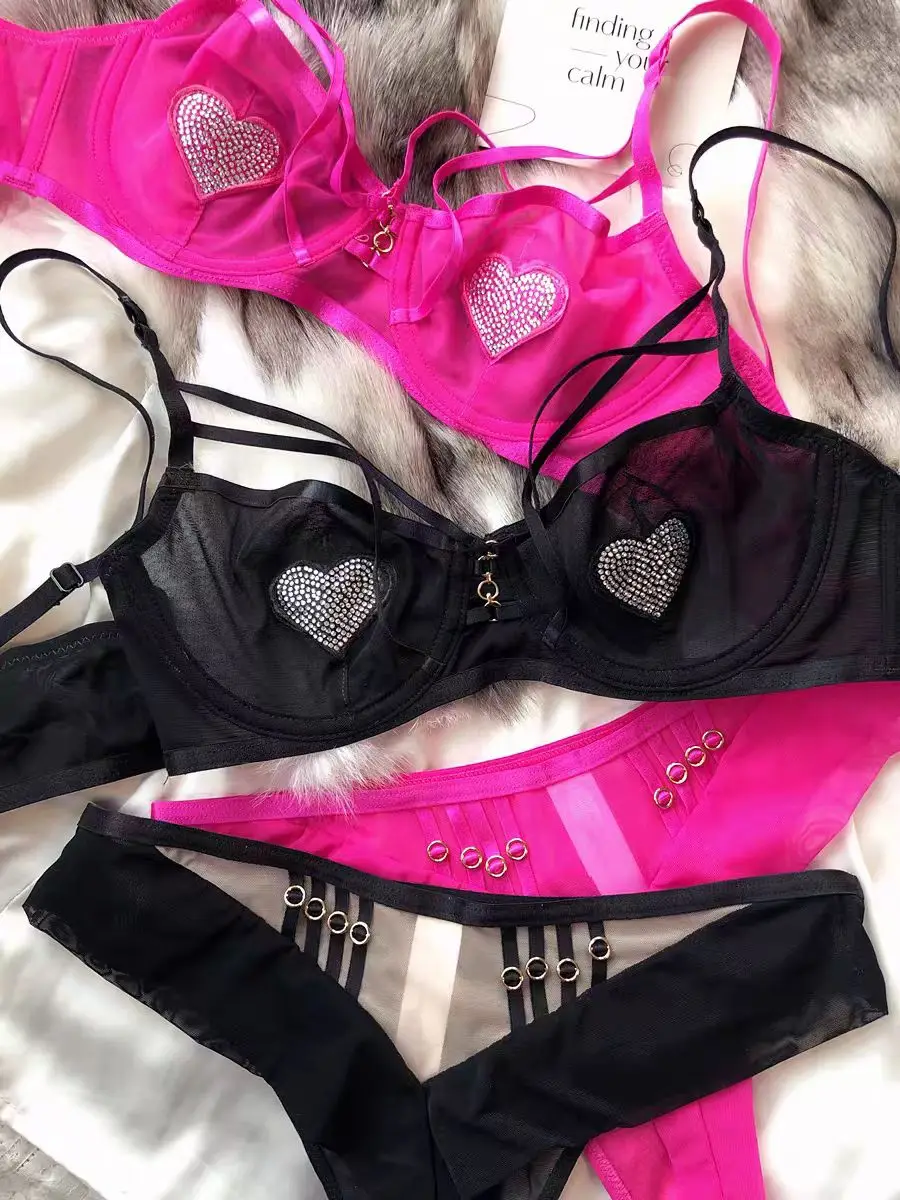 الفرنسية مثير الدانتيل بقماش شفاف نقية Derise الصدرية مجموعة على شكل قلب فلاش الماس رقيقة جدا كبيرة الصدر التخسيس الملابس الداخلية #3