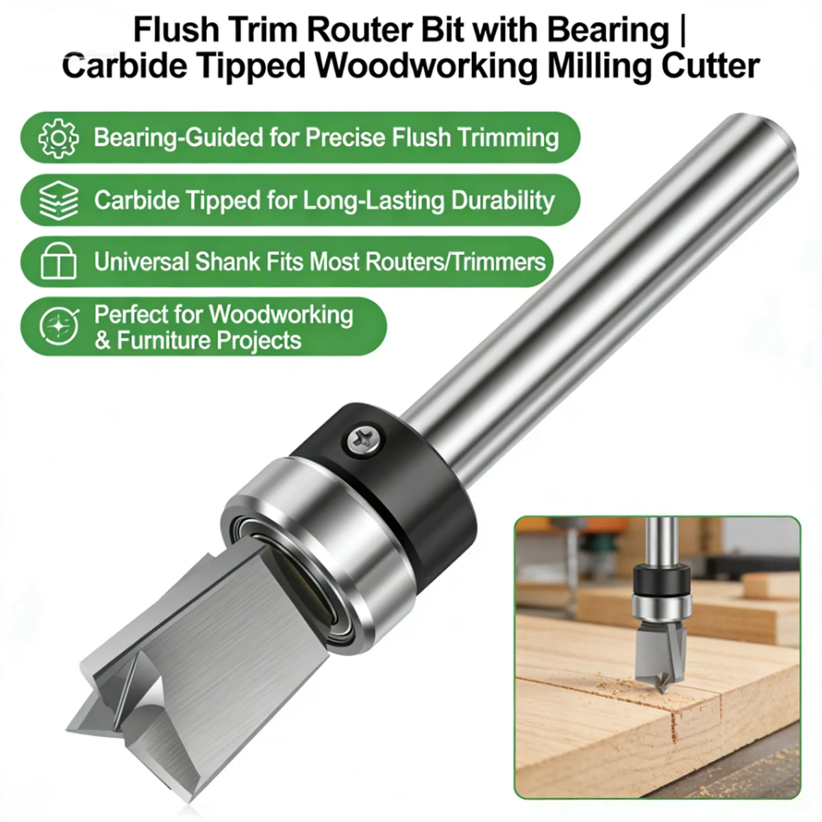 

6mm 1/4" Shank Straight Bit With Bearing 3 Flute Solid Carbide Milling Cutter Template Pattern Bit Flush Trim Router Bit