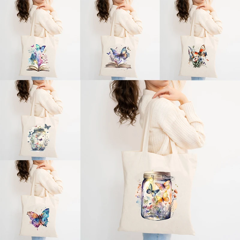 Pretty Butterfly Pattern Tote Bag Colorful Butterflies Canvas Bag Female Foldable Shopping Bag Elegant Lady Necessity Beach Bag