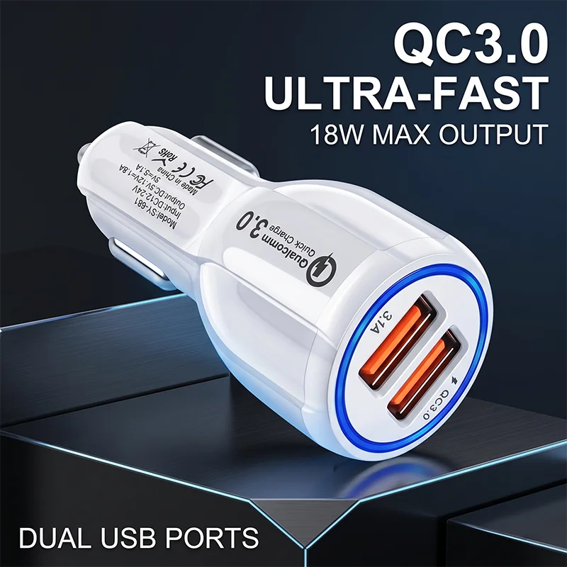 Fast Charger Car Charger QC 3.0 Dual USB A 3.1A Smart Charging Adapter For Phone Pad Device Compact Auto Plug Multiple Devices