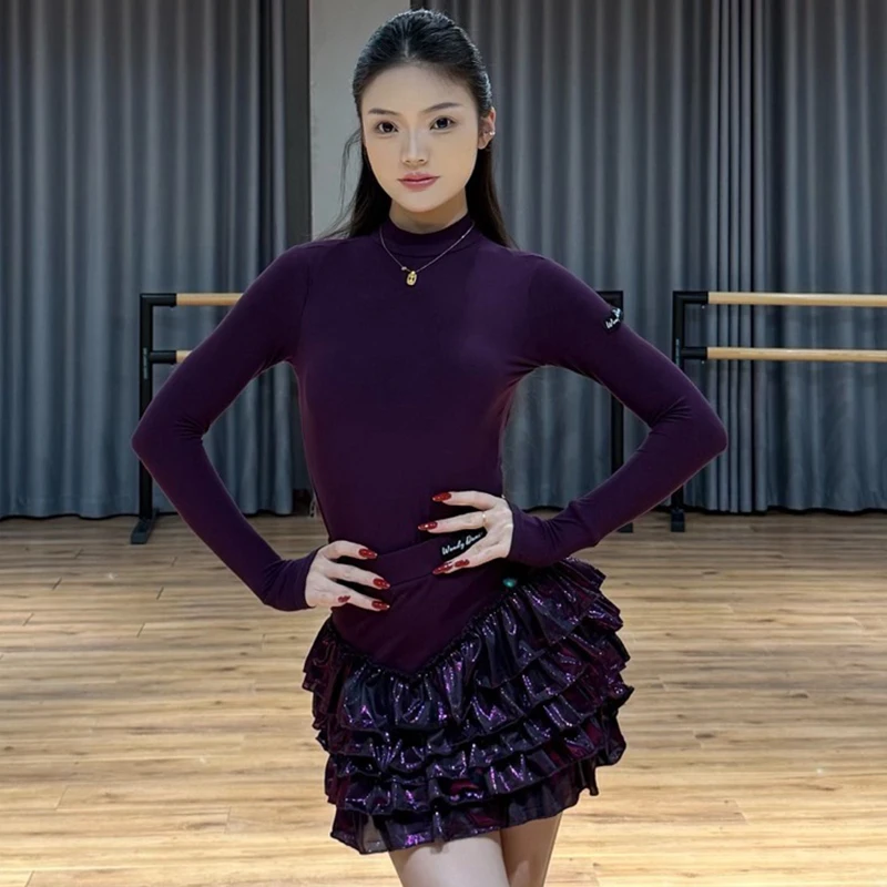 Herfst Winter Latin Dans Kleding Vrouwen Lange Mouwen Tops Taart Rok Volwassen Praktijk Kleding Rumba Cha Cha Voeren Jurk NV25486