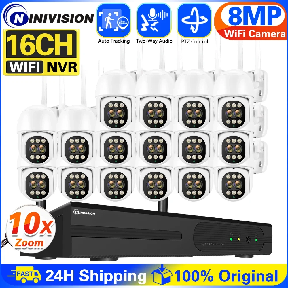 

16CH WIFi NVR Kit Security System 8MP 4K Dual Lens WiFi PTZ Camera Outdoor Waterproof Color Night Vision Video Surveillance Set