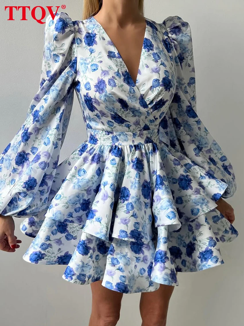 

TTQV Fashion Blue Print Womens Dresses Elegant V-Neck Long Sleeve Zipper Dresses Casual High Waist Pleated Mini Dress Female