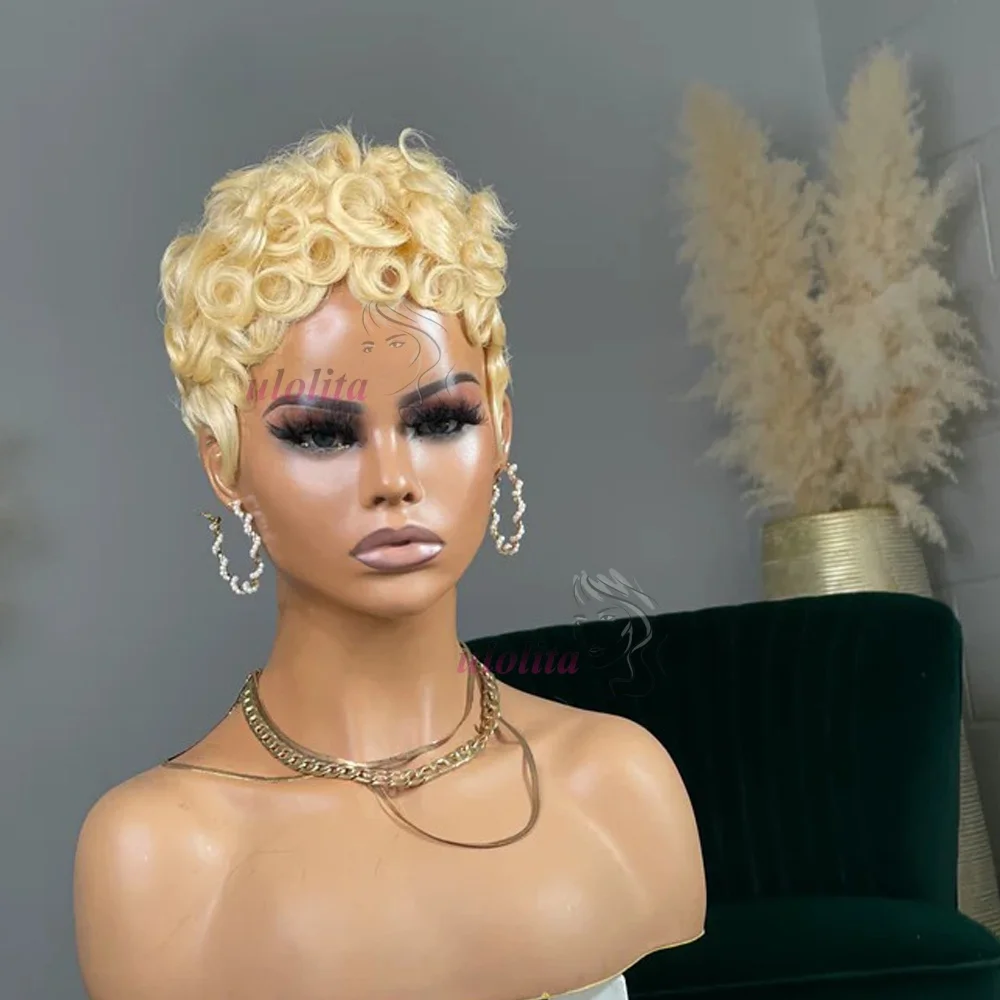 Deep Wave Perücke aus Echthaar 613 Honigblond Kurzer Pixie-Cut für Schwarze Frauen Vollständig Maschinell Gefertigte Lockige Perücken 613 Echthaar-Perücke – Detail 7