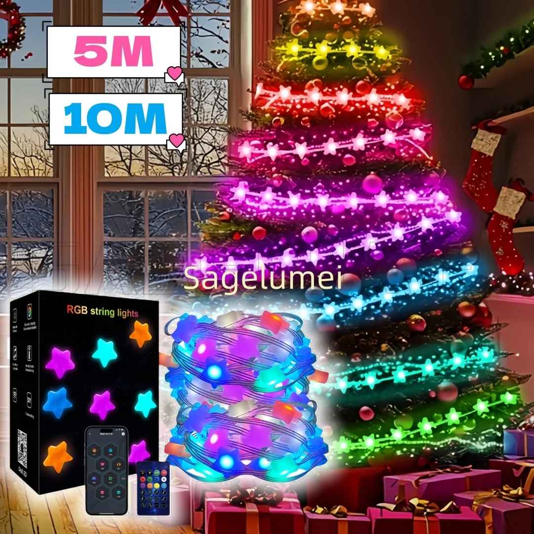 WS2812B LED Star String Light Smart Bluetooth-afstandsbediening RGBIC Fairy Lamp USB Waterdicht voor kerstboom Light Home Decor