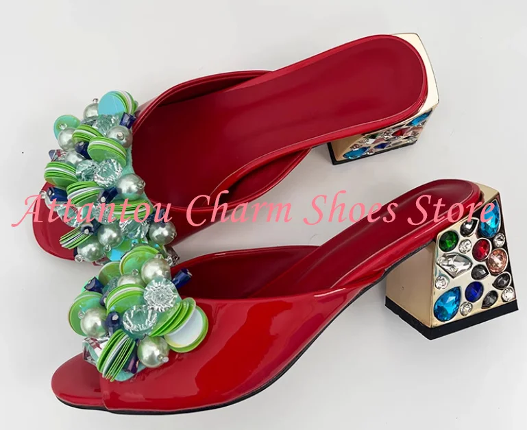 New Crystal Chunky Heel Woman Sandals Fashion String Beads Rhinestone Slippers Lady Shoes Popular Beach Shoes Casual Sandals