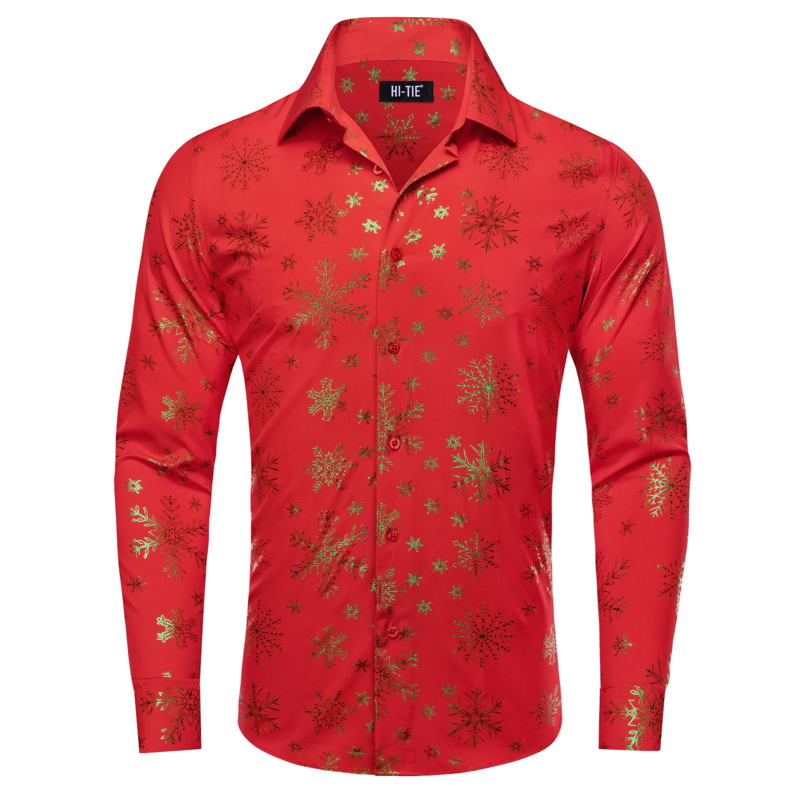 

Hi-Tie Festival Red Green Smowflake Mens Shirts Long Sleeve Dress Shirt Blouse for Male Boys Gift